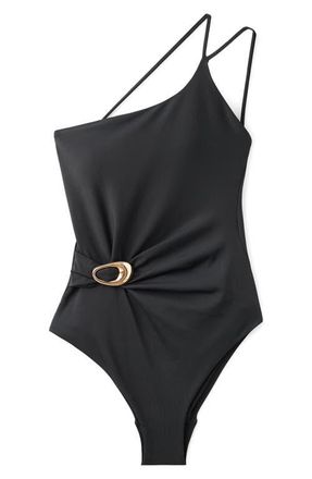 Mango Asymmetric Open Back O-Ring One-Piece Swimsuit in Black at Nordstrom, Size X-Small