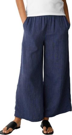 Eileen Fisher Stripe Wide Leg Ankle Pants in Deep Dive at Nordstrom, Size Medium