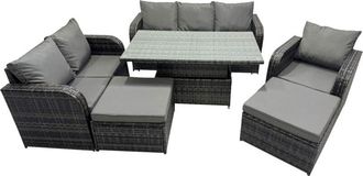 Fimous Rattan Garden Furniture Dining Set 8-seater Patio Height Adjustable Rising Lifting Table Sofa Set with 2 Big Footstool Dark Grey Mixed - Fimous