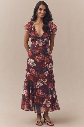 BHLDN Flutter-Sleeve Plunging Maxi Dress