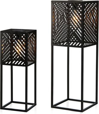 Glitzhome Set of 2 Metal Geometric Floor Solar Powered Outdoor Lanterns in Black at Nordstrom, Size Medium