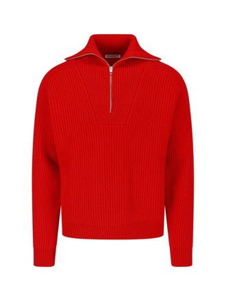 Jil Sander Cropped Ribbed Knit Sweater with Half-Zip Closure
