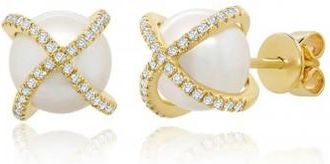 Allurez Diamond & Cultured Pearl Crisscross Stud Earrings 14K Yellow Gold (0.21ct)