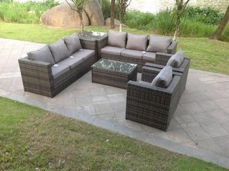 Fimous 8 Seater Outdoor Rattn Garden Furniture Sofa Set Rectangular Coffee Table Lounge Sofa Chair in Dark Grey