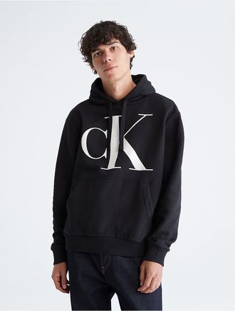 Calvin Klein Mens Monogram Fleece Hoodie - Black - XL