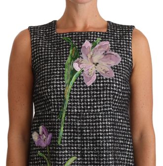 Dolce & Gabbana Womens Gray Houndstooth Floral Appliqu&eacute; Shift Mini Dress Virgin Wool
