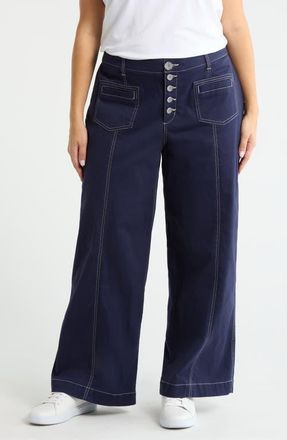 Wit & Wisdom Skyrise Exposed Button Wide Leg Twill Pants in Evening Blue at Nordstrom, Size 16W