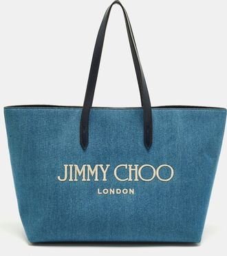 Jimmy Choo London Logo Blue Denim And Leather Shopper Tote