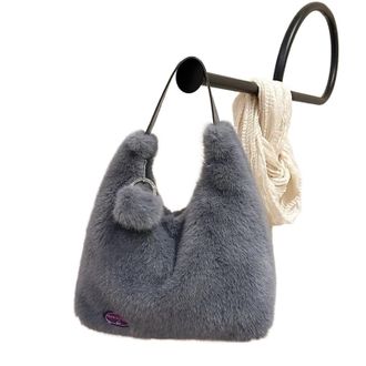 Generic Womens Plush Bags Simple Womens Shoulder Bag Winter Travel Tote Female Soft Fluffy Plush Handbag Large Capacity Shopping(Grey)