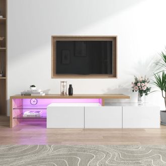 C&A Sleek Modern TV Cabinet: Elegant Design, Practical Storage, High-Gloss White Finish, Wood Look, Glass Shelves, LED Lighting