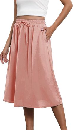 Generic Midi Skirt with Pockets | Midi Skirts for Women UK Elasticated Waist A Line Solid Color-Ladies Skirts Elasticated Waist Cotton Beach Swing Skirts Knee