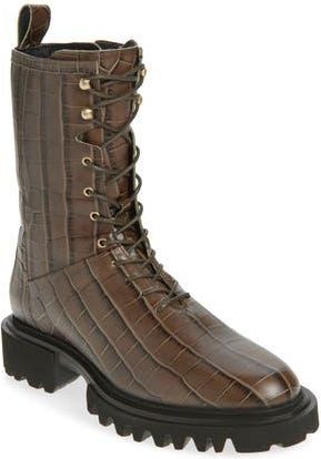 AllSaints Maren Croc Embossed Combat Boot in Khaki at Nordstrom Rack, Size 10