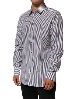Dolce & Gabbana Black White Stripes Men Gold Dress Shirt And Cotton