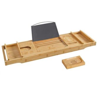 Songmics Bandeja De Bamb&uacute; Para Ba&ntilde;era, Con Porta Jab&oacute;n Y Copa, Con Ranura De Tabla, (75-109) X 23 X 4,5 Cm, Natural