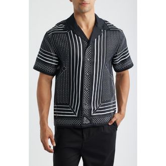 Reigning Champ Arena Relaxed Fit Geo Print Linen Camp Shirt in Black-White at Nordstrom, Size Xx-Large