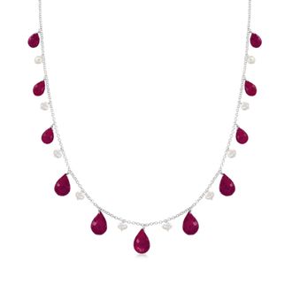 Ross-Simons Ruby and Cultured Pearl Drop Necklace in Sterling Silver