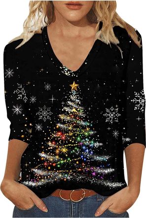 Generic OVARA Christmas Tops for Women V Neck Xmas Jumpers Ladies 3/4 Sleeve Christmas T Shirts Stylish Casual Xmas Printed Tunic Blouses for Holiday Party Go