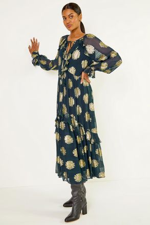 Roman Frill Brocade Midi Dress