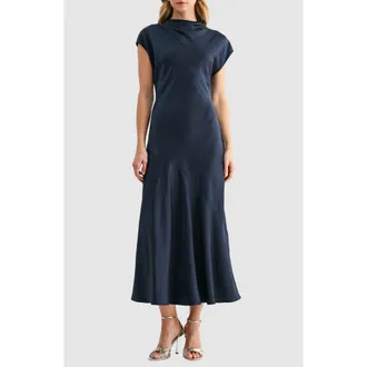 Mila Mae Short Sleeve Asymmetric Hem Satin Maxi Dress in Dark Navy at Nordstrom Rack, Size X-Large
