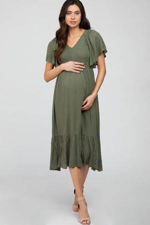 Pinkblush Smocked Ruffle Dress in Olive Green at Nordstrom, Size Medium
