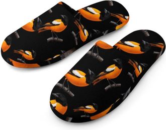 Generic Baltimore Oriole Bird Flannel Mens Slip-on Slippers Winter Warm House Shoes with Rubber Sole for Home Hotel