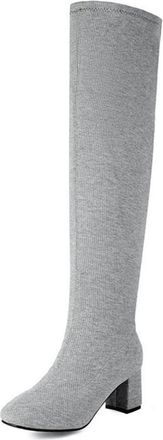 Generic Womens Fashion Stretch Knitted Over The Knee Boots Round Toe Block Heel Pull On Winter Dress Shoes (5.5,Grey)