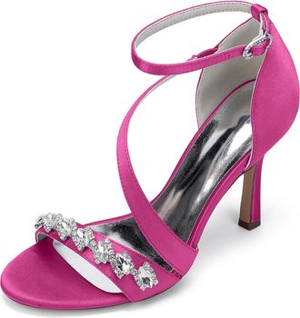 Generic Womens Bridal Satin Stiletto Sandals Dress Weddin Heel Formal Rhinestone Evening High Heels 9.5Cm,Fuchsia,10 UK