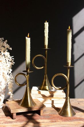Kalalou Set Of Three Antique Brass Trumpet Taper Candle Holders