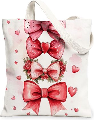 Generic Valentines Day Floral Canvas Tote Bags, Heart Pattern Reusable Bags, Vintage Bow Design Lightweight Washable Canvas for Travel, Beach 13x15 Inch
