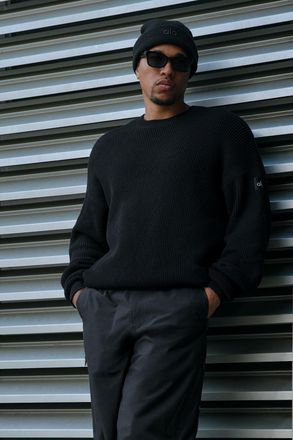 Alo | Domain Rib Knit Crewneck Sweater Top in Black, Size: Medium