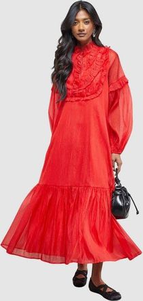 Warehouse Crinkle Stripe Frill Midi Dress in Red at Nordstrom, Size 12