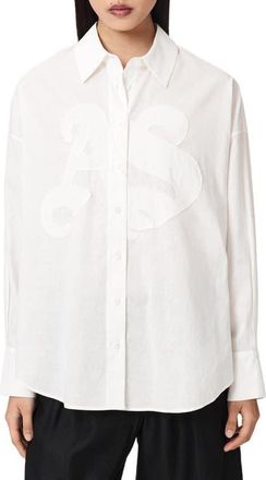 AllSaints Sparrow Embrodiered Logo Appliqu&eacute; Linen & Cotton Button-Up Shirt in Optic White at Nordstrom, Size 10