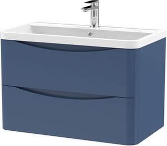 Nuie Nuie - Lunar Satin Blue 800mm Wall Hung 2 Drawer Vanity Unit and Polymarble Basin - LUN304