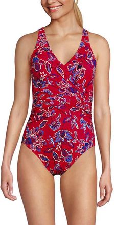 Lands End New SlenderSuit Wrap One Piece Swimsuit in Strawberry Vintage Floral at Nordstrom, Size 12