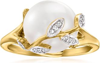 Ross-Simons 11-11.5mm Cultured Pearl Leaf Ring With Diamond Accents in 18kt Gold Over Sterling