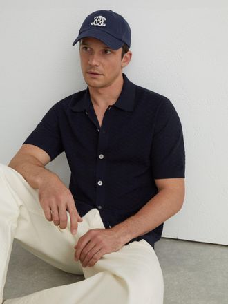 Reiss Navy Textured-knit Button-through Shirt, Xxl