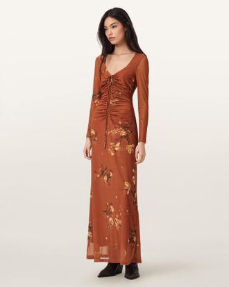 AllSaints Polyester Gabby Mesh Maxi Dress, Size: UK 14/US 10