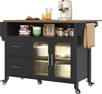 STILVORA Carro De Cocina Con 2 Cajones, 1 Puerta De Vidrio, Encimera Abatible, Led Y Toallero Lateral, Mdf, Negro