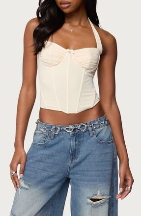 Edikted Abigail Ruched Corset Halter Top in Beige at Nordstrom, Size X-Small