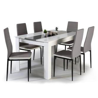 IDMarket Tavolo Da Pranzo Georgia 140 Cm Bianco E Grigio E 6 Sedie Romane Grigie Con Bordo Bianco
