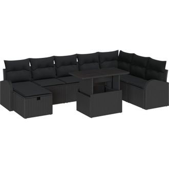 vidaXL Conjunto De Sof&aacute; De Jard&iacute;n Con Coj&iacute;n 9 Pcs Negro Polirat&aacute;n