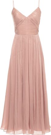 Costarellos Lurex Georgette Midi Dress with Deep V-Neck and Pleated Skirt