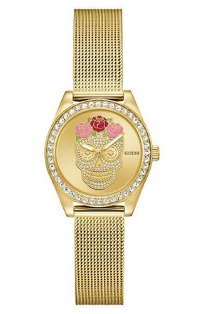 Guess Day of the Dead Goldtone Mesh Strap Watch, 30mm in Gold Tone at Nordstrom