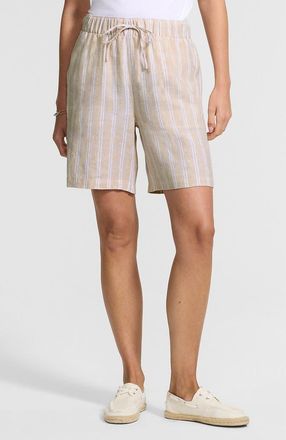 Lands End Linen High Rise Pull On 7 Shorts in Champagne/white Double Stripe at Nordstrom, Size Large