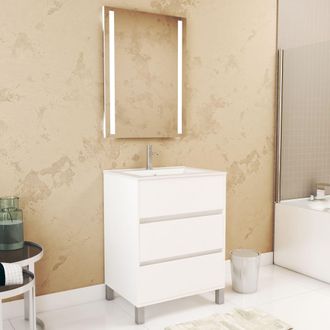 Aurlane Aurlane - Pack Mueble De Ba&ntilde;o 60 Cm Blanco Lacado 3 Cajones, Lavabo, Espejo 60x80 Y Doble Led