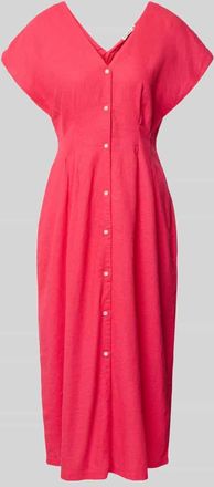 Ichi Midikleid aus Leinen-Viskose-Mix mit V-Ausschnitt in Pink, Gr&ouml;&szlig;e 34