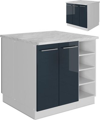 Vicco Isla de cocina Fame-Line, Azul oscuro alto brillo/blanco, 90 cm sin encimera