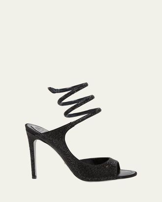Rene Caovilla 105mm Crystal Satin Snake-Wrap Sandals