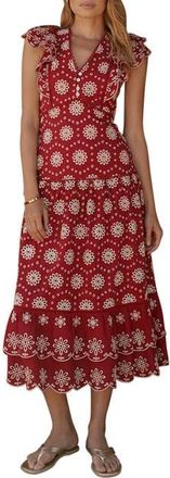 Mint Velvet Cotton Broderie Drop Waist Midi Dress in Red at Nordstrom, Size 14