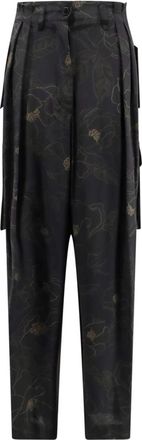 Dries Van Noten Zwarte Bloemige Zijden Broek met Wijde Pijpen - Dames - Slim Fit Broeken - Zwart - XL - Broeken